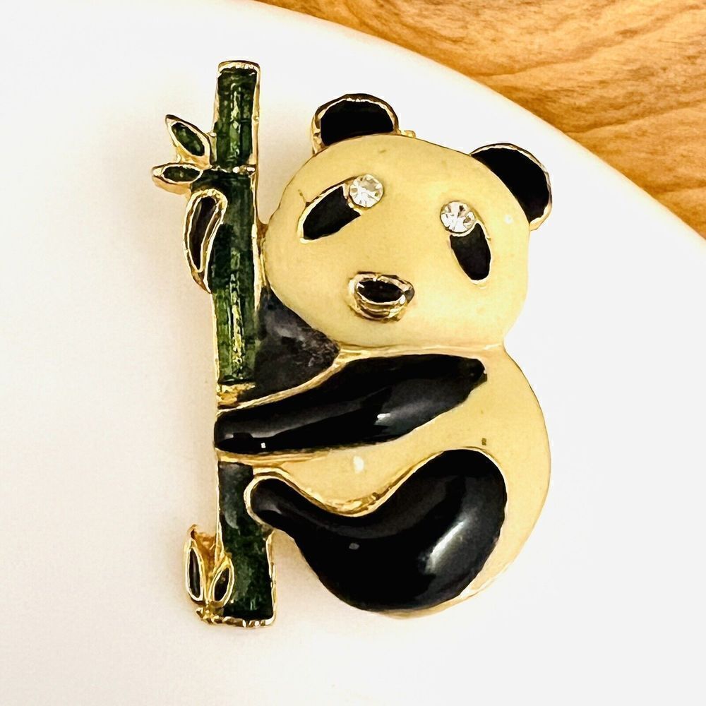Cute Vintage Panda Bear Brooch Climbing Bamboo Rhinestone Eyes Gold Enamel 4191